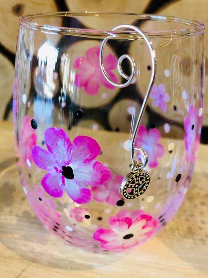 Glass paint with pink flowers