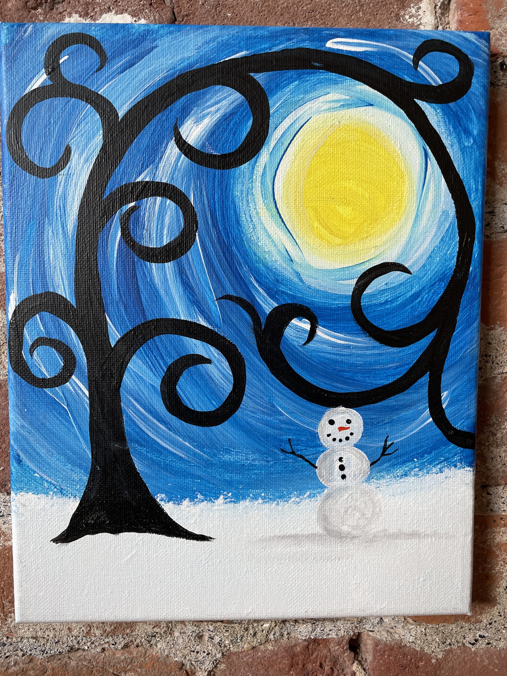 Starry night snowman canvas
